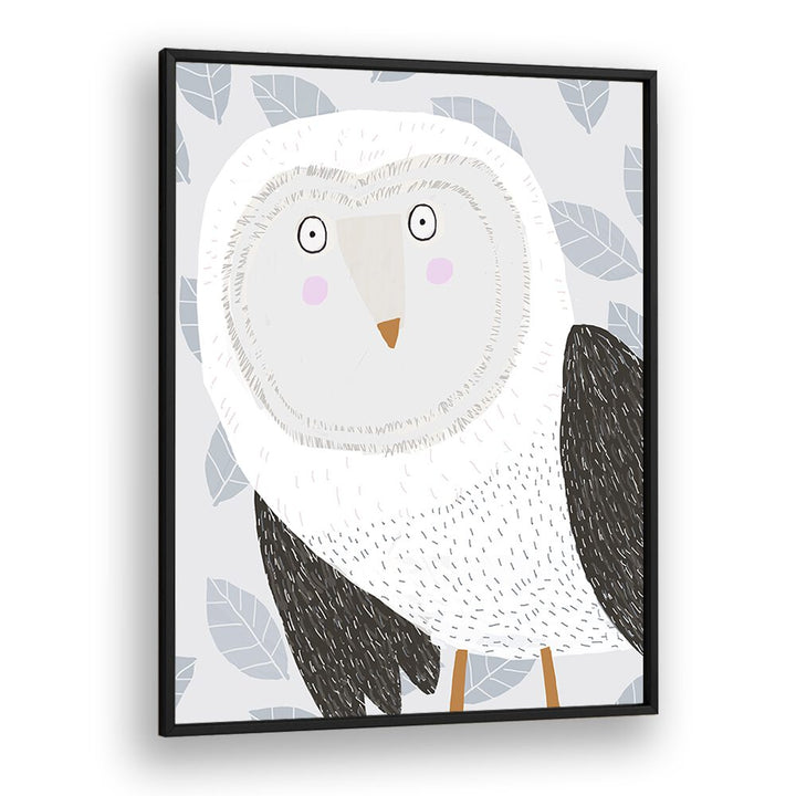 Funny Winter Owl With Grey Leaf Pattern By Carla Daly Kids Painting in Black Plain Frame