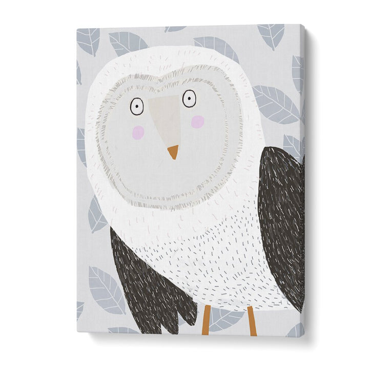 Funny Winter Owl With Grey Leaf Pattern By Carla Daly Kids Painting in Gallery Wrap