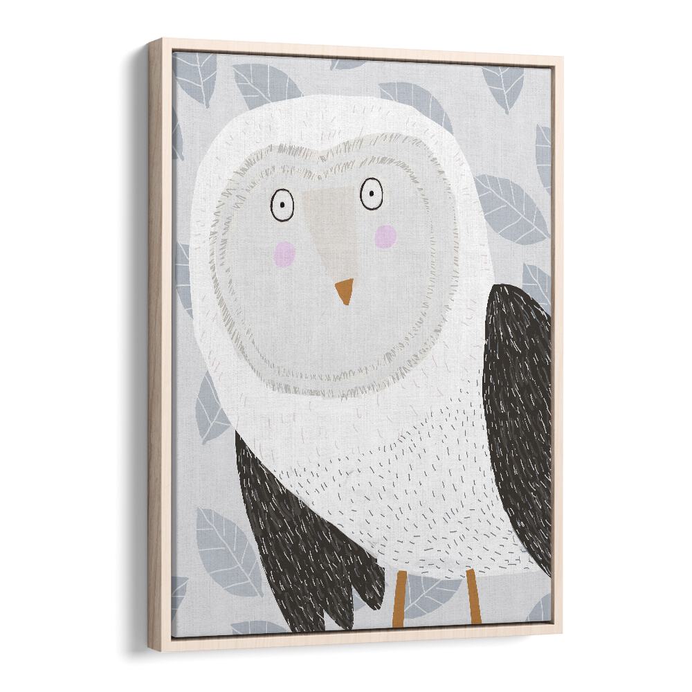 Funny Winter Owl With Grey Leaf Pattern By Carla Daly Kids Painting in Oak Wood Floater Frame