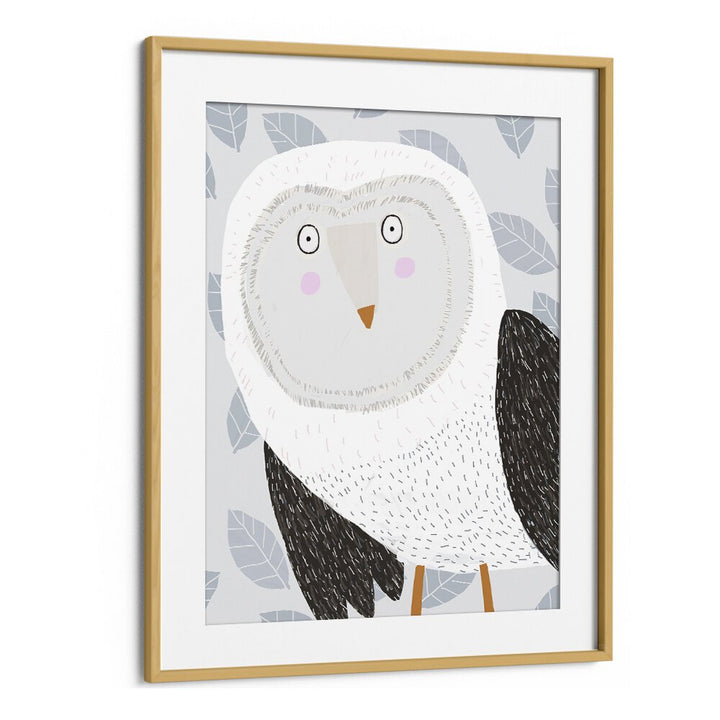 Funny Winter Owl With Grey Leaf Pattern By Carla Daly Kids Painting in Oak Wood Frame With Mount