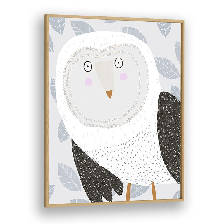 Funny Winter Owl With Grey Leaf Pattern By Carla Daly Kids Painting in Oak Wood Plain Frame