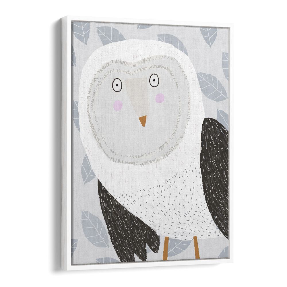 Funny Winter Owl With Grey Leaf Pattern By Carla Daly Kids Painting in White Floater Frame