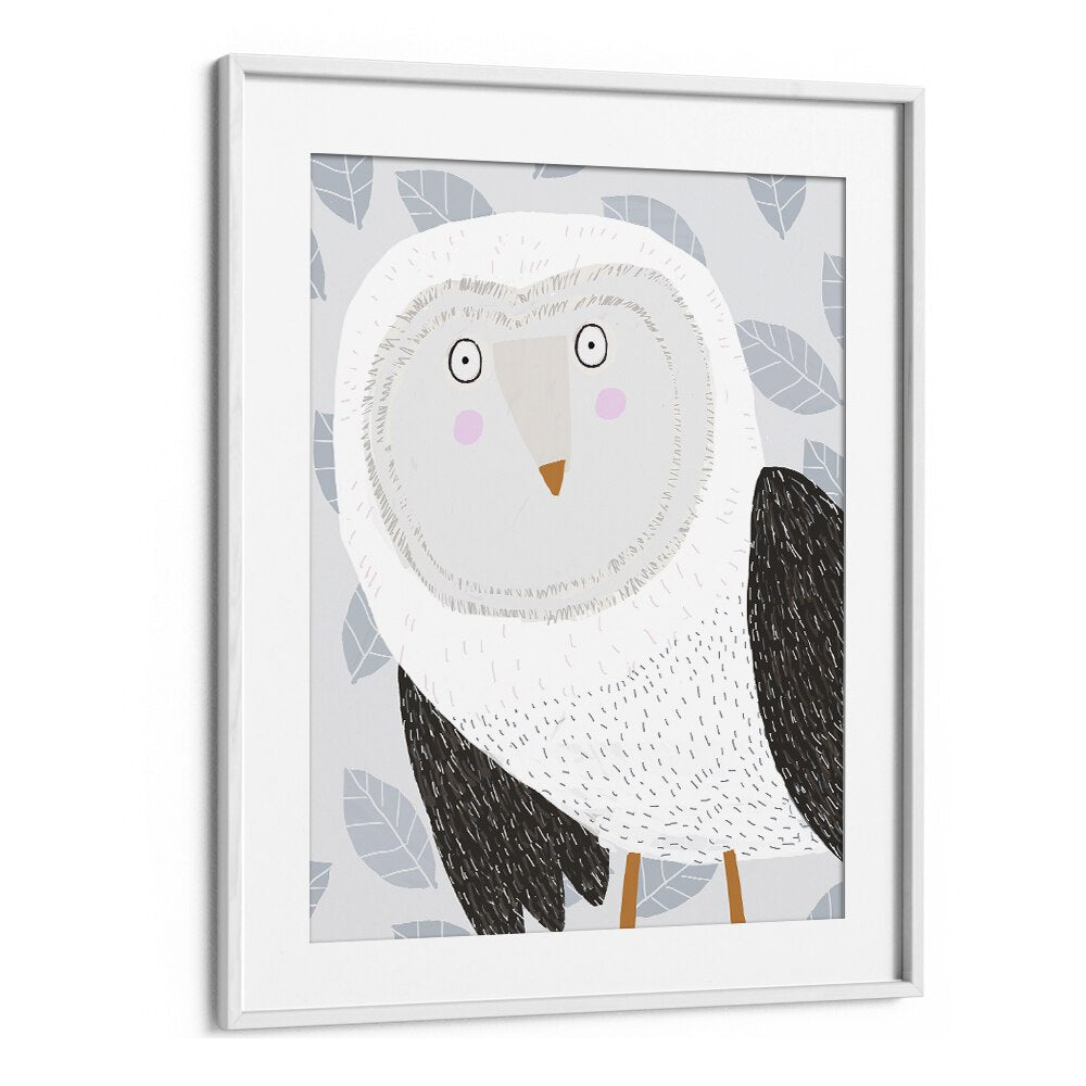 Funny Winter Owl With Grey Leaf Pattern By Carla Daly Kids Painting in White Frame With Mount