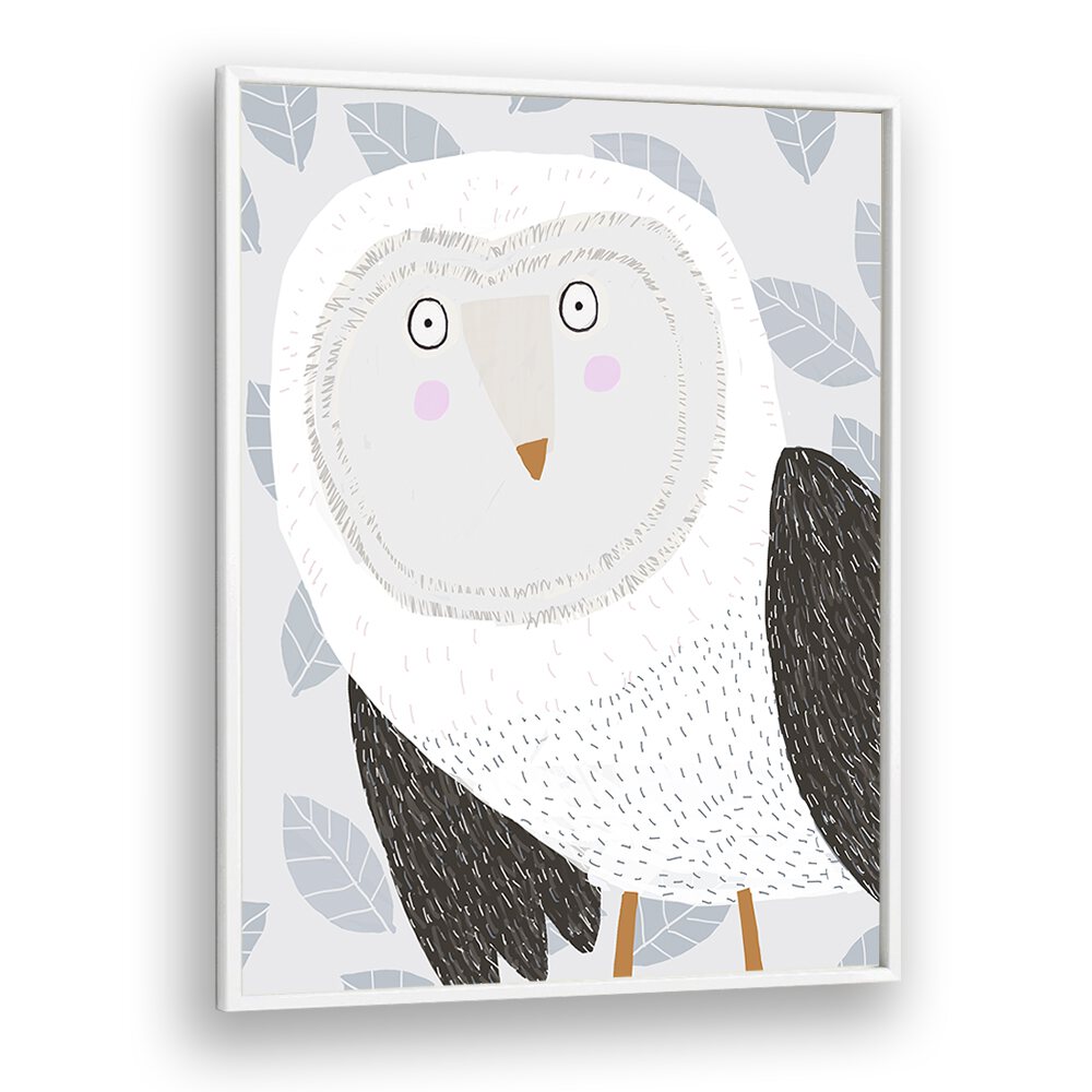 Funny Winter Owl With Grey Leaf Pattern By Carla Daly Kids Painting in White Plain Frame