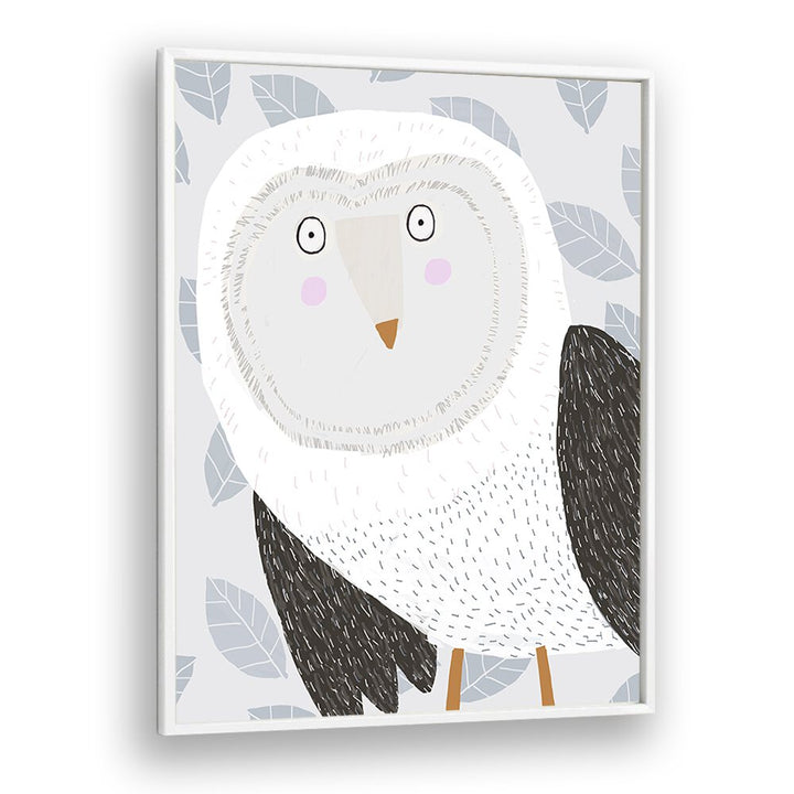 Funny Winter Owl With Grey Leaf Pattern By Carla Daly Kids Painting in White Plain Frame