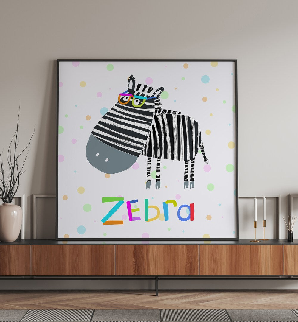 Funny Zebra Wearing Glasses By Carla Daly Kids Room Paintings placed on a wall