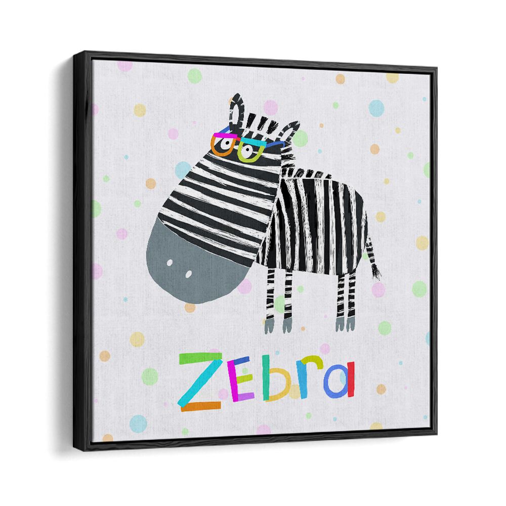 Funny Zebra Wearing Glasses By Carla Daly Kids Room Painting in Black Floater Frame