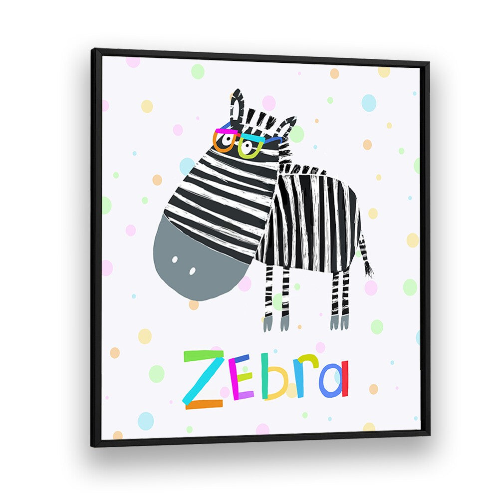 Funny Zebra Wearing Glasses By Carla Daly Kids Room Painting in Black Plain Frame