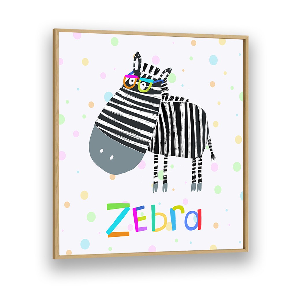 Funny Zebra Wearing Glasses By Carla Daly Kids Room Painting in Oak Wood Plain Frame