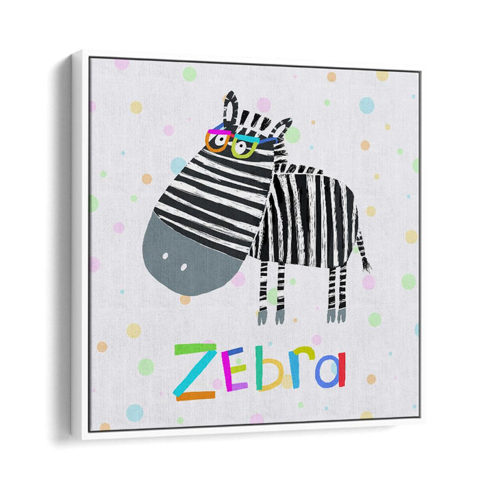 Funny Zebra Wearing Glasses By Carla Daly Kids Room Painting in White Floater Frame