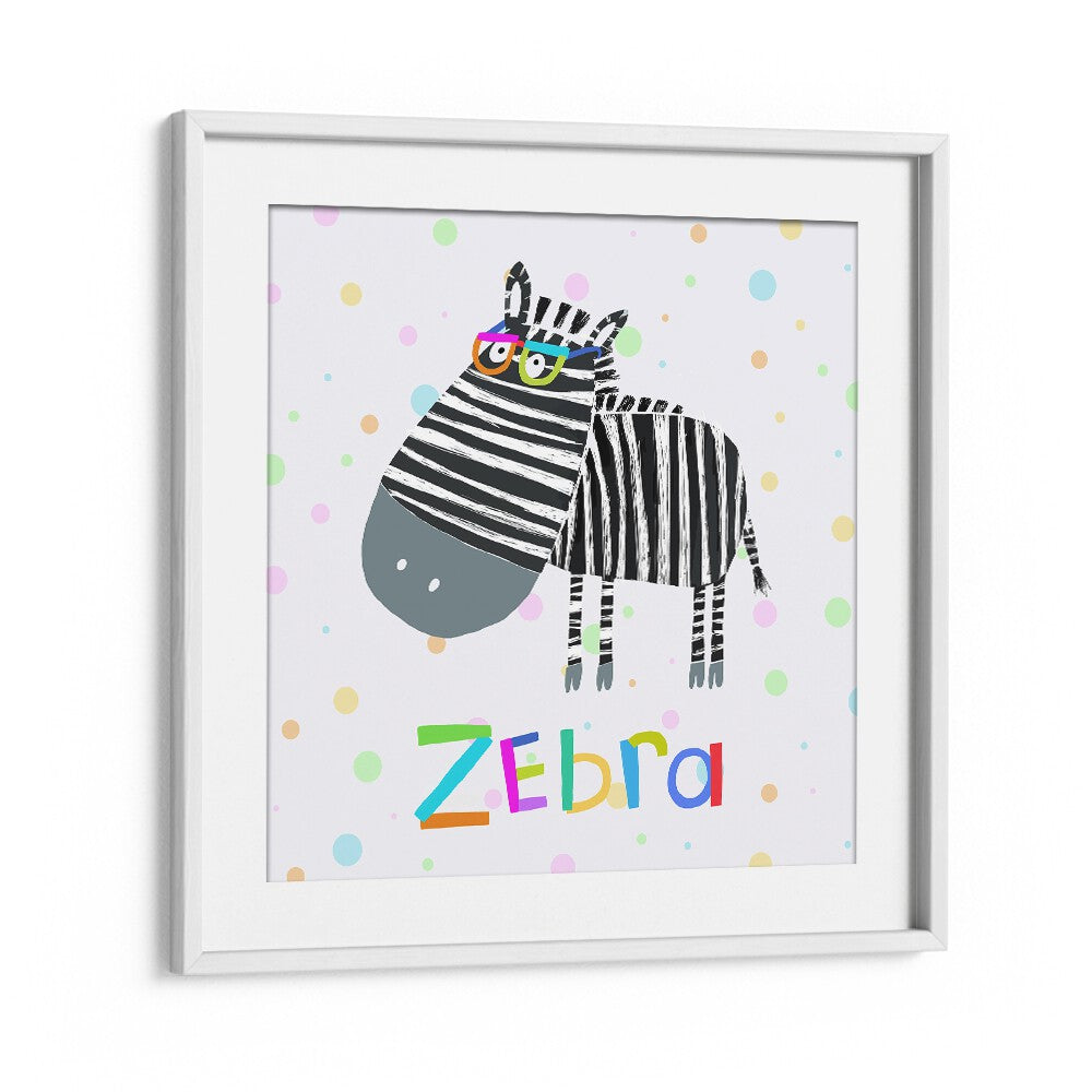 Funny Zebra Wearing Glasses By Carla Daly Kids Room Painting in White Frame With Mount