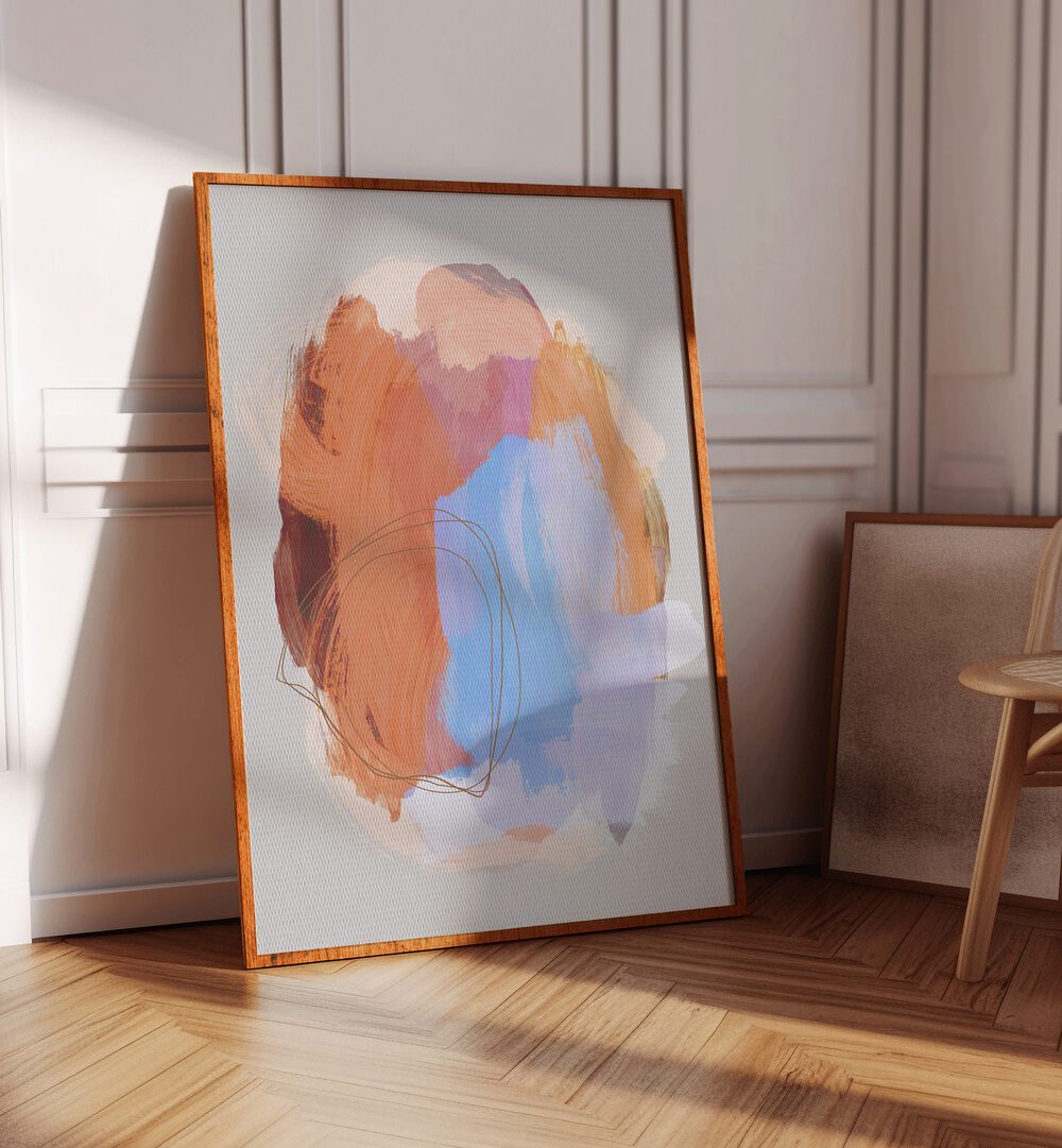  Fusion Abstract Brush Strokes By Mareike Bohmer Abstract Art Abstract Paintings in Oak Wood Plain Frame placed on the floor near a White Colored Wall in the Drawing Room