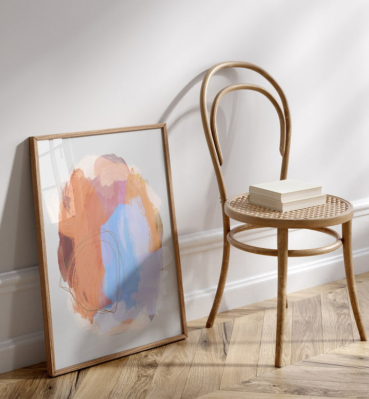 Fusion Abstract Brush Strokes By Mareike Bohmer Abstract Art Abstract Paintings in Oak Wood Plain Frame placed on the floor near a White Colored Wall in the Drawing Room