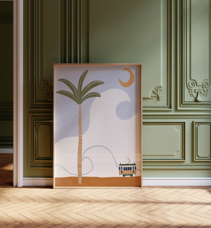 Gaboon By Ivy Green Landscape Art Artwork in Oak Wood Plain Frame Placed on a Wooden Floor Leaning on the Support of a Green French Mold Wall