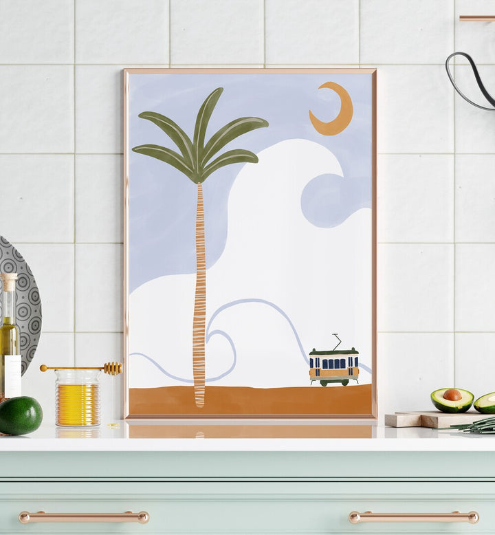 Gaboon By Ivy Green Landscape Art Artwork in Copper Plain Frame Placed on a Kitchen Platform leaning on a White Tiled Wall