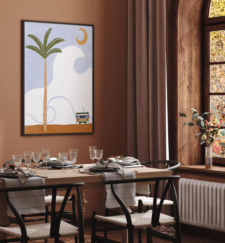 Gaboon By Ivy Green Landscape Art Artwork in Black Plain Frame Placed on a Cider Colored Wall next to a Dinning Table in the Dinning Room