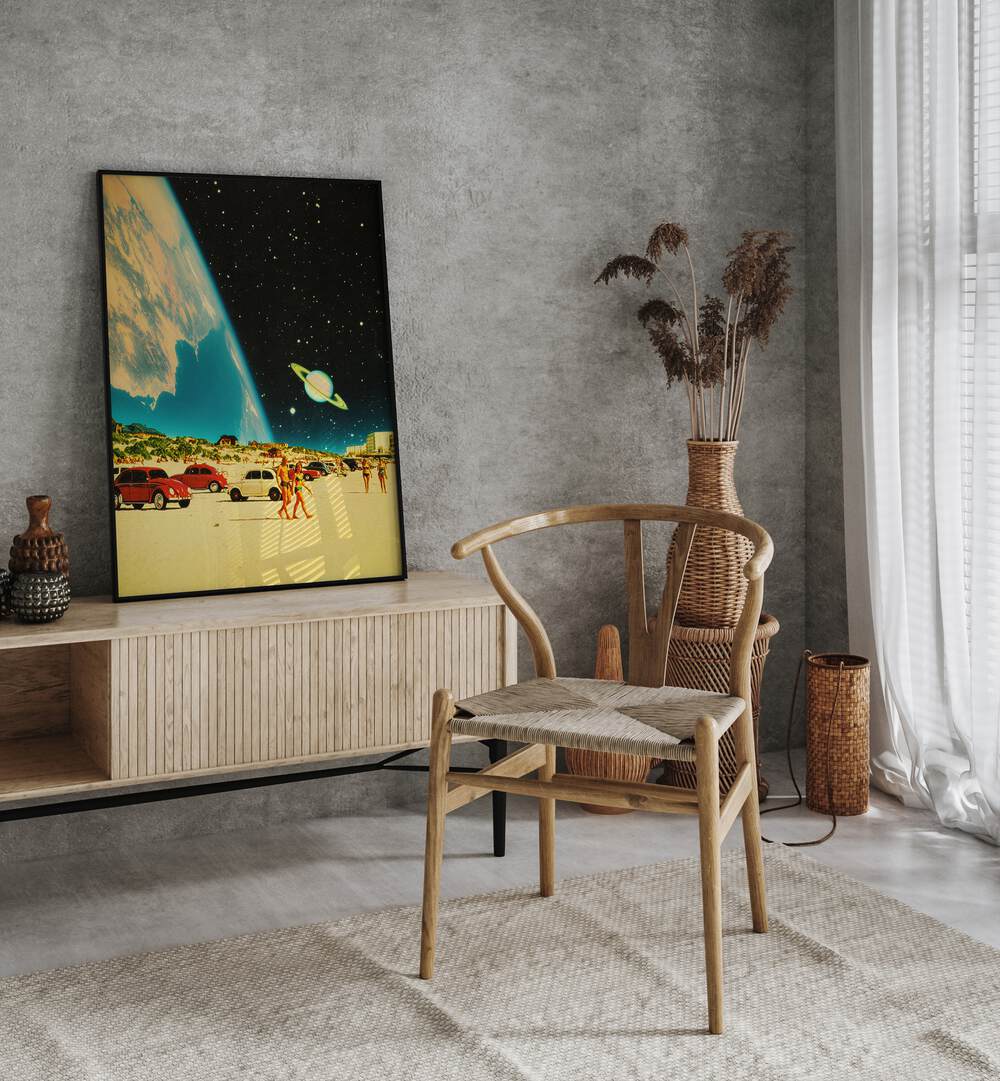 Galaxy Beach By Taudalpoi Astronaut & Nasa Paintings, Space Art Prints Artwork in Black Plain Frame placed above a Console Table near a placed on a Grey Colored Wall in the Drawing Room



