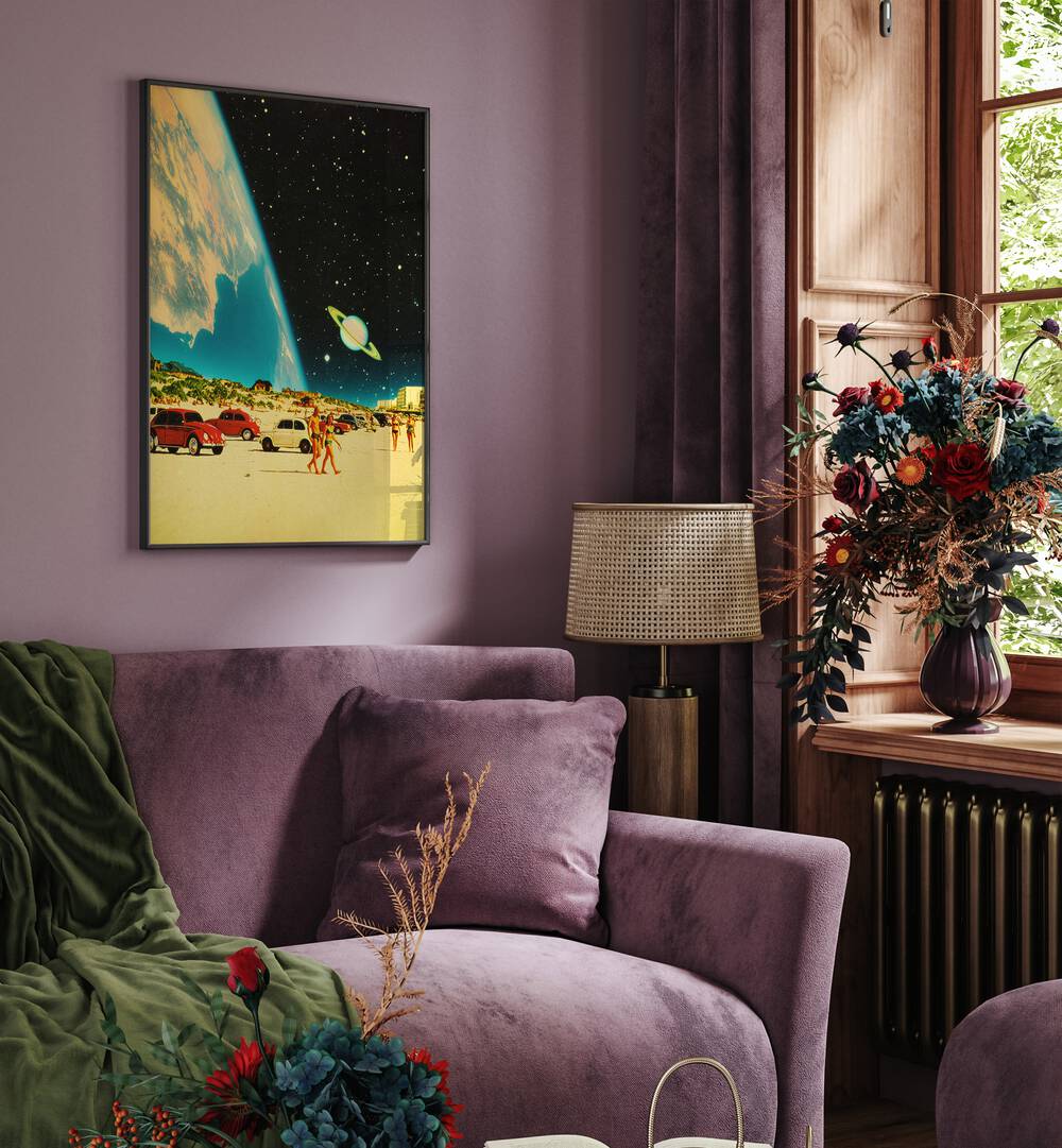 Galaxy Beach By Taudalpoi Astronaut & Nasa Paintings, Space Art Prints Artwork in Black Plain Frame in the Living Room

