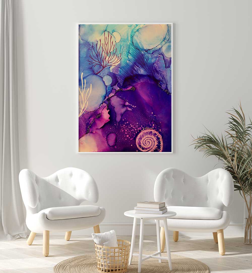 Vibrant GALAXY REEF, BEACH PAINTINGS adorn a cozy living space, evoking serene coastal vibes and relaxation.