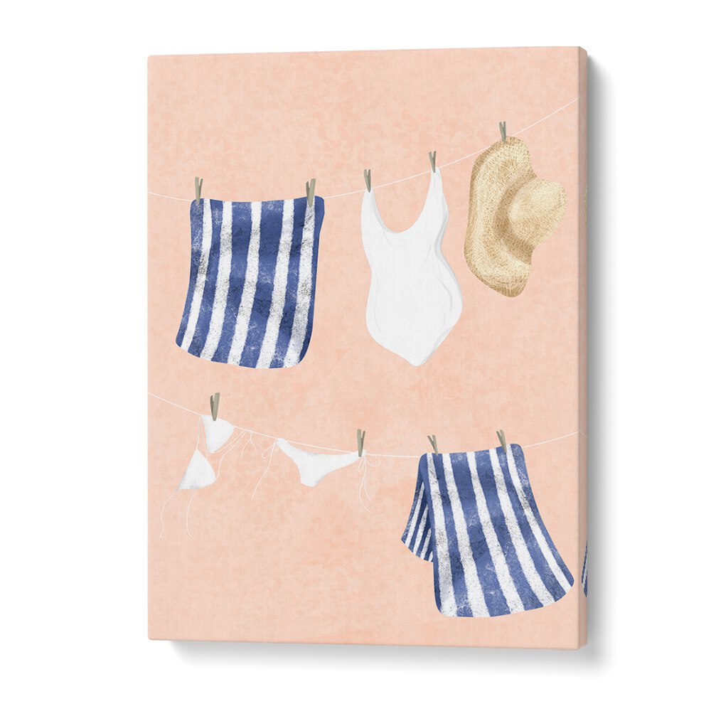 Bright and playful AFTER THE SWIM, KIDS ROOM PAINTINGS featuring swimsuits and towels on a pastel backdrop.
