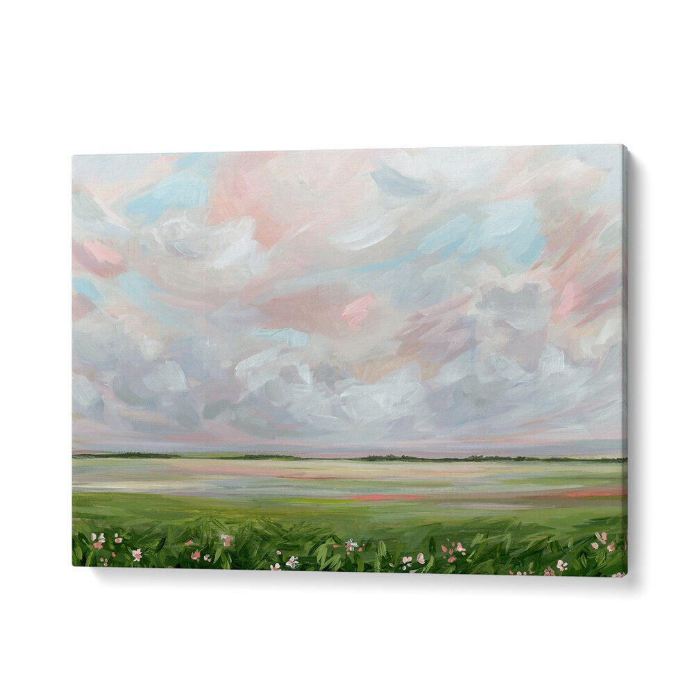 Vibrant sky and wildflower landscape in AMONGST THE WILDFLOWERS, LANDSCAPE PAINTINGS collection. Perfect for nature lovers.