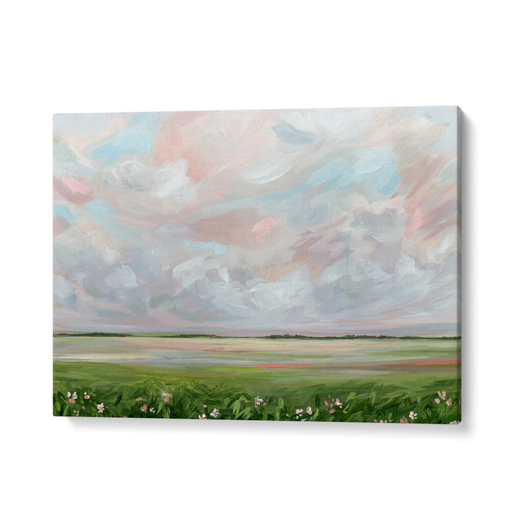 Vibrant sky and wildflower landscape in AMONGST THE WILDFLOWERS, LANDSCAPE PAINTINGS collection. Perfect for nature lovers.
