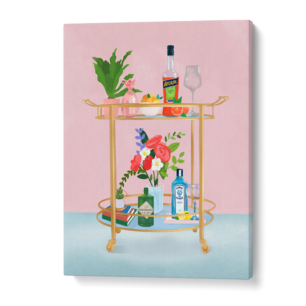 BAR CART , BAR art print on pink backdrop with bottles, glassware and vibrant flowers.