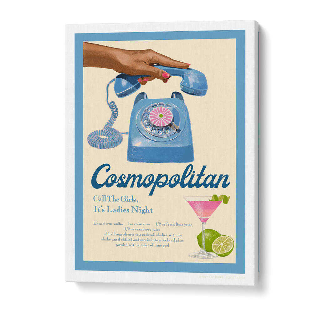 Stylish BLUE COSMO, FASHION POSTERS featuring a retro phone and cocktail, perfect for modern decor.