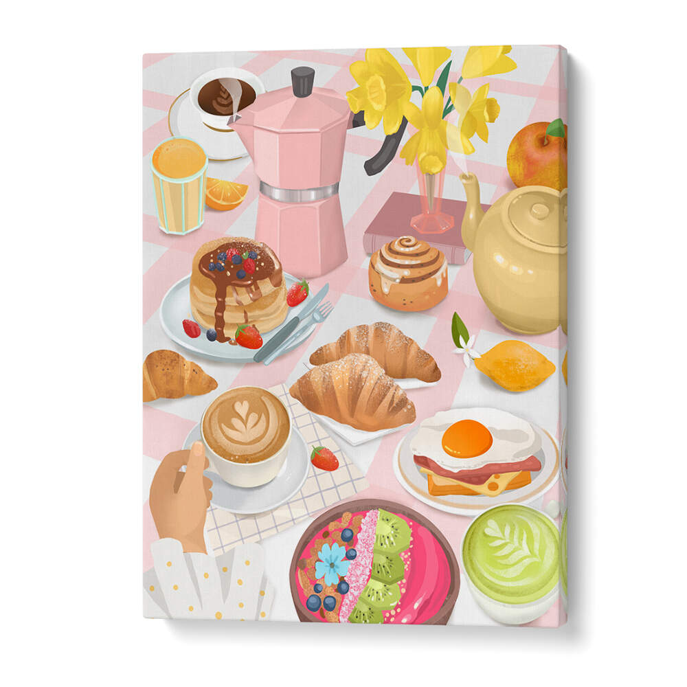 BREAKFAST kitchen posters: Breakfast & Brunch spread with pastries, coffee, teapot and flowers.