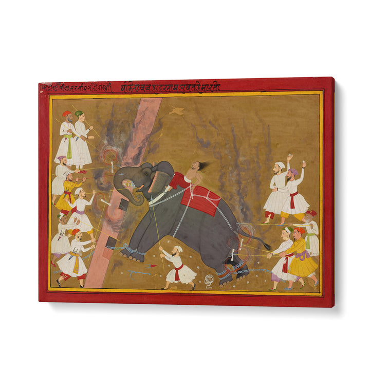 THE ELEPHANT KHANDERAO BAHADUR KILLING SHAM MAHAVAT , INDIAN ART PAINTINGS