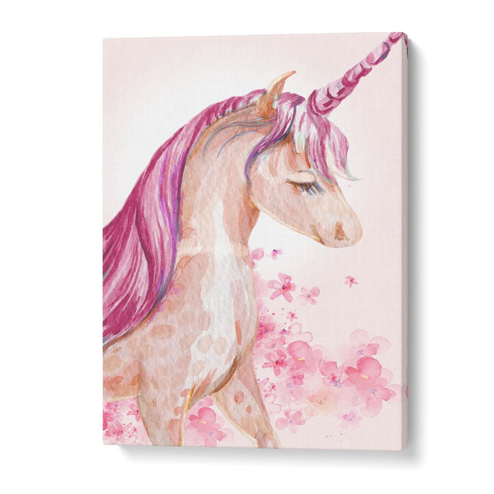 Whimsical BLOSSOM UNICORN, KIDS ROOM PAINTINGS featuring a unicorn amidst vibrant flowers for magical decor.