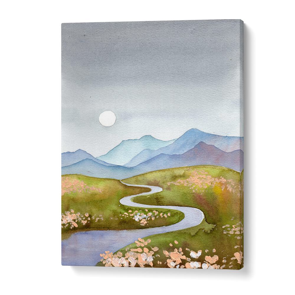 Serene BLUE GRAY HILLS landscape paintings featuring gentle curves and soft colors, perfect for your home decor.