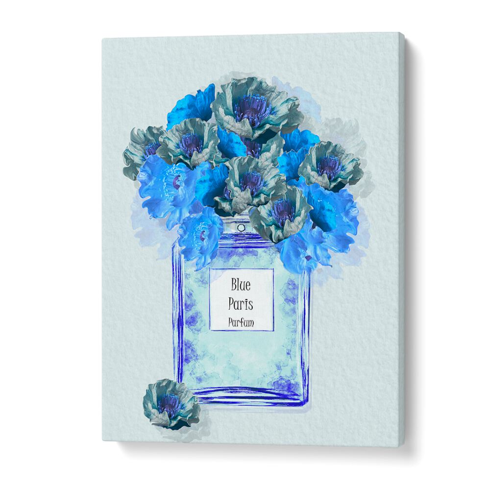 Stylish BLUE PARIS PARFUM, FASHION POSTERS showcasing a luxurious perfume bottle adorned with vibrant blue flowers.