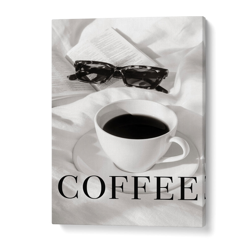 COFFEE IN BED, BAR & CAFE ART, featuring a cozy cup of coffee and stylish sunglasses, perfect for coffee lovers.