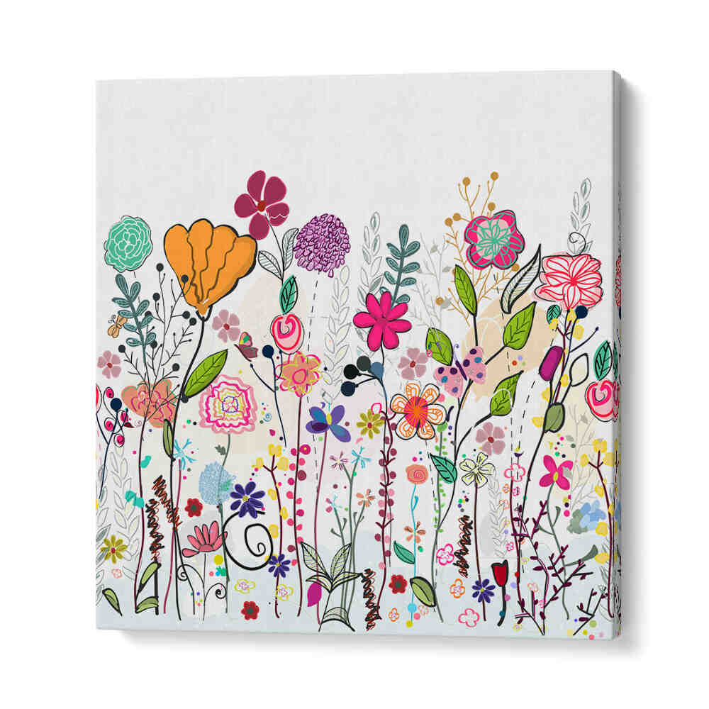 COLORFUL WILDFLOWERS , KIDS ROOM PAINTINGS canvas with whimsical pastel blooms and playful stems for a child's room