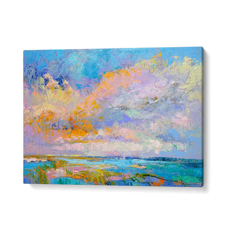 GalleryWrap COLORFUL , LANDSCAPE PAINTINGS — vibrant coastal canvas with pastel sky, sea and meadow