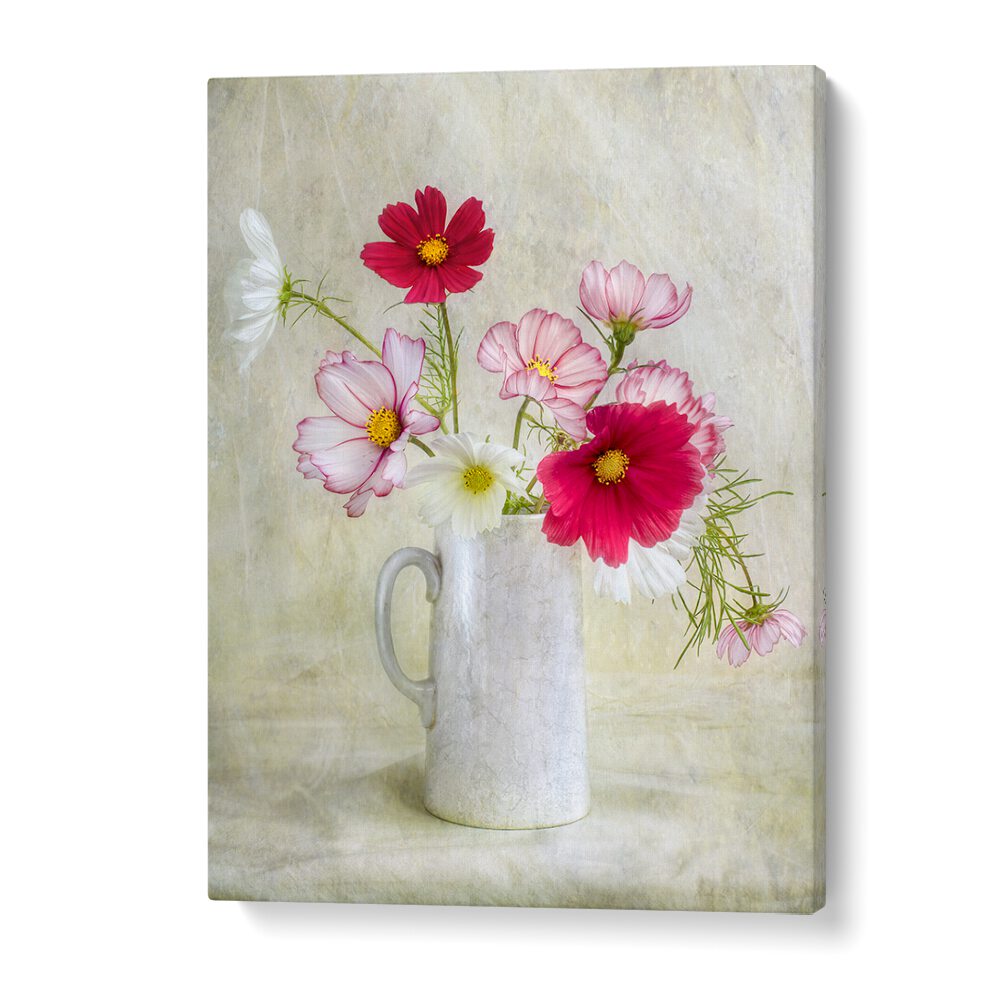Vibrant COSMOS CARNIVAL, FLORAL FLOWER PAINTINGS in a white pitcher, perfect for brightening any space or event.