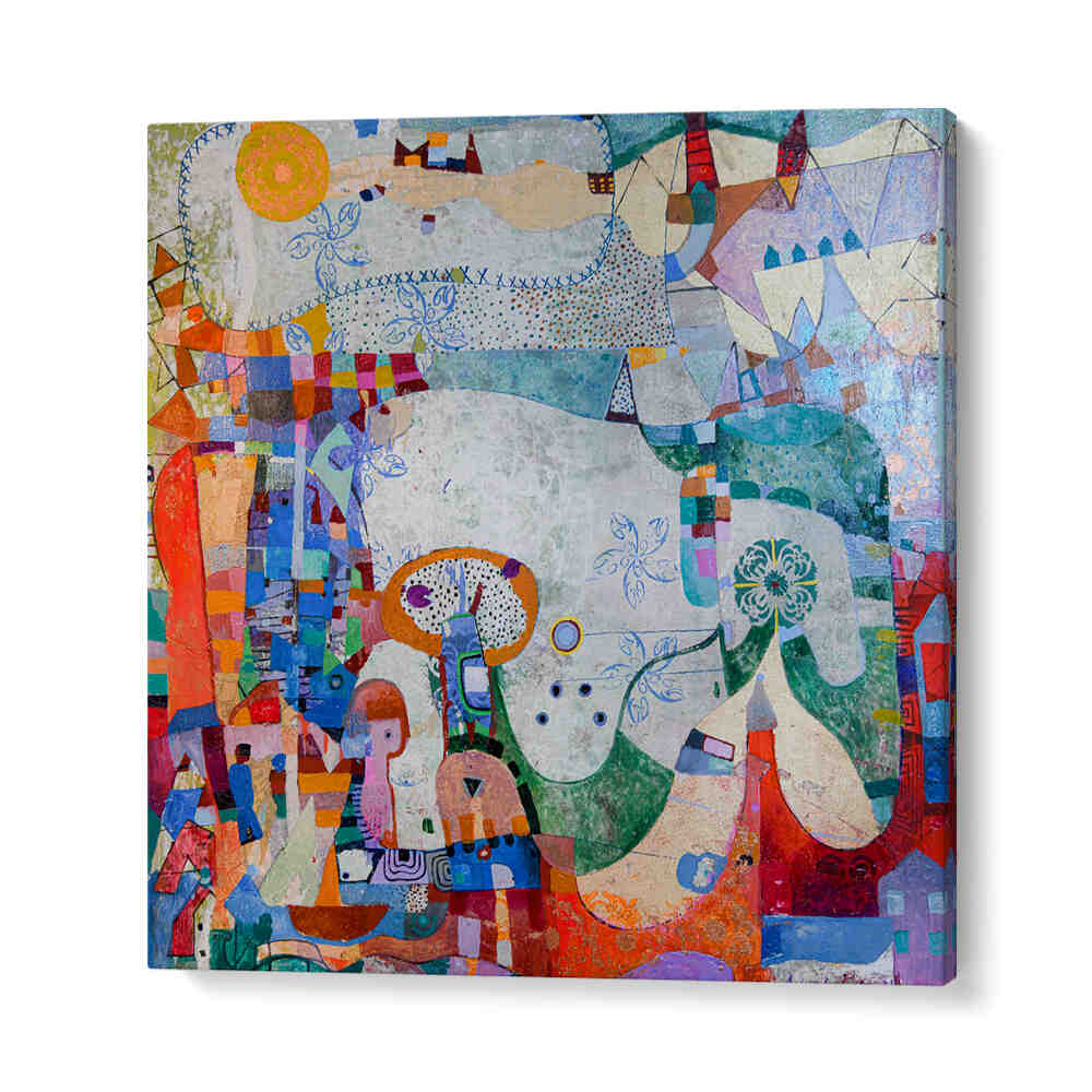 DISTANT VILLAGE , ABSTRACT PAINTINGS wrap with layered muted earth tones, hazy textured brushstrokes evoking fog