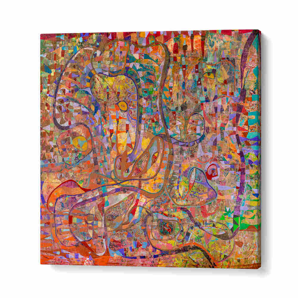 DYSTOPIA , ABSTRACT PAINTINGS large textured canvas with vibrant mosaic colors and swirling lines for modern interiors