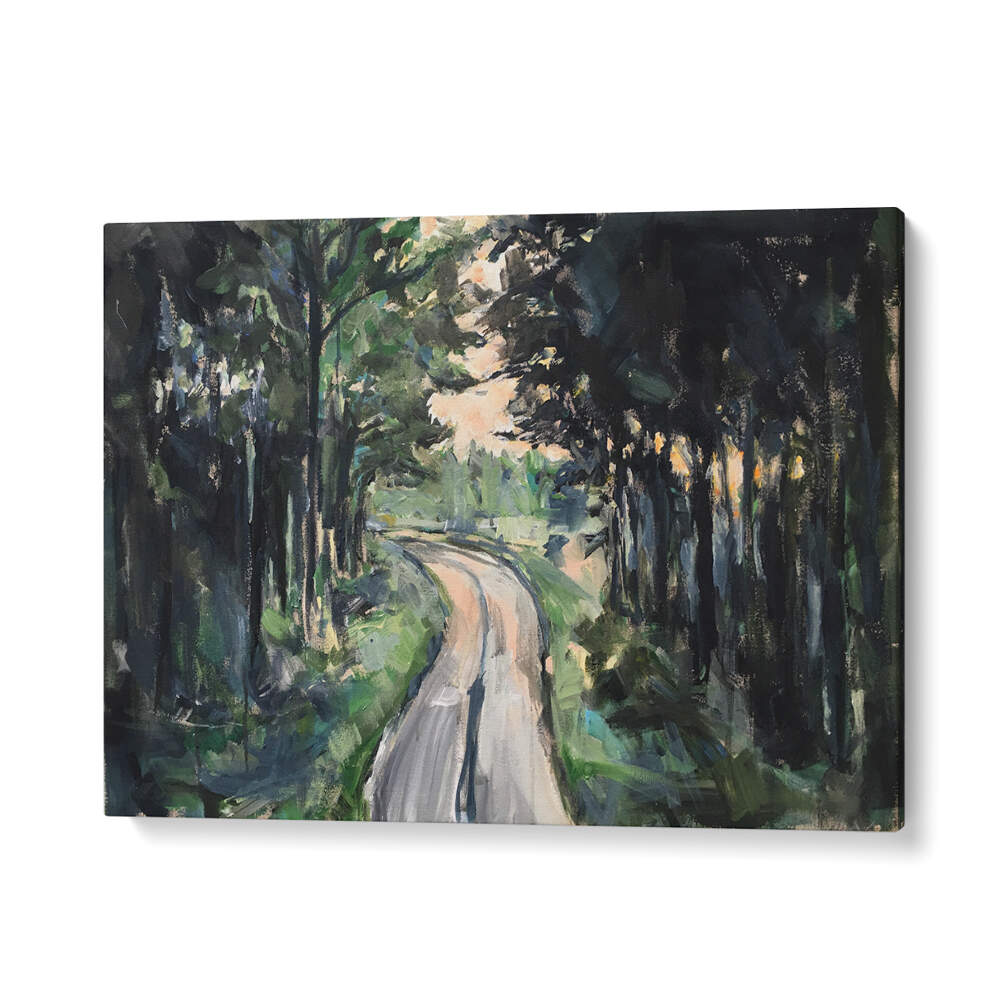 Serene forest pathway captured in vibrant colors, perfect for nature lovers and fans of landscape paintings.