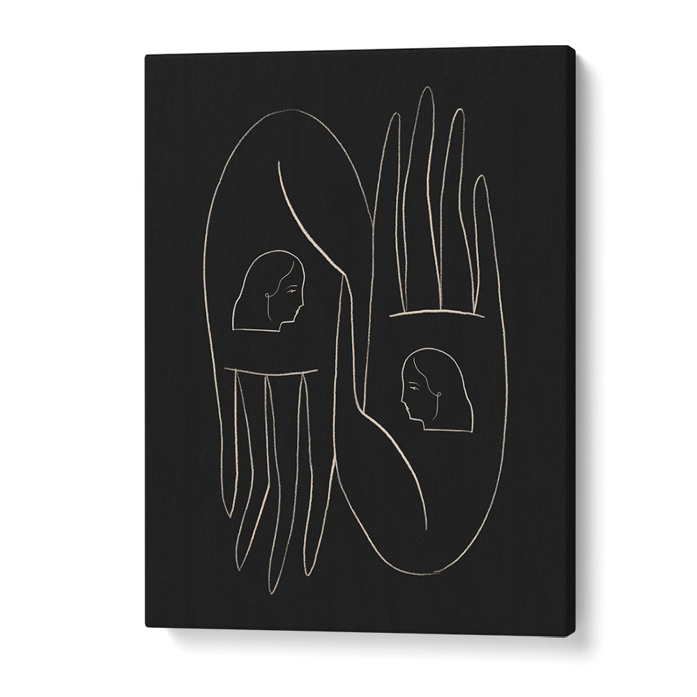Stylish FRIENDLY HANDS, LINE ART PAINTINGS showcasing elegant line art on a black background for modern decor.