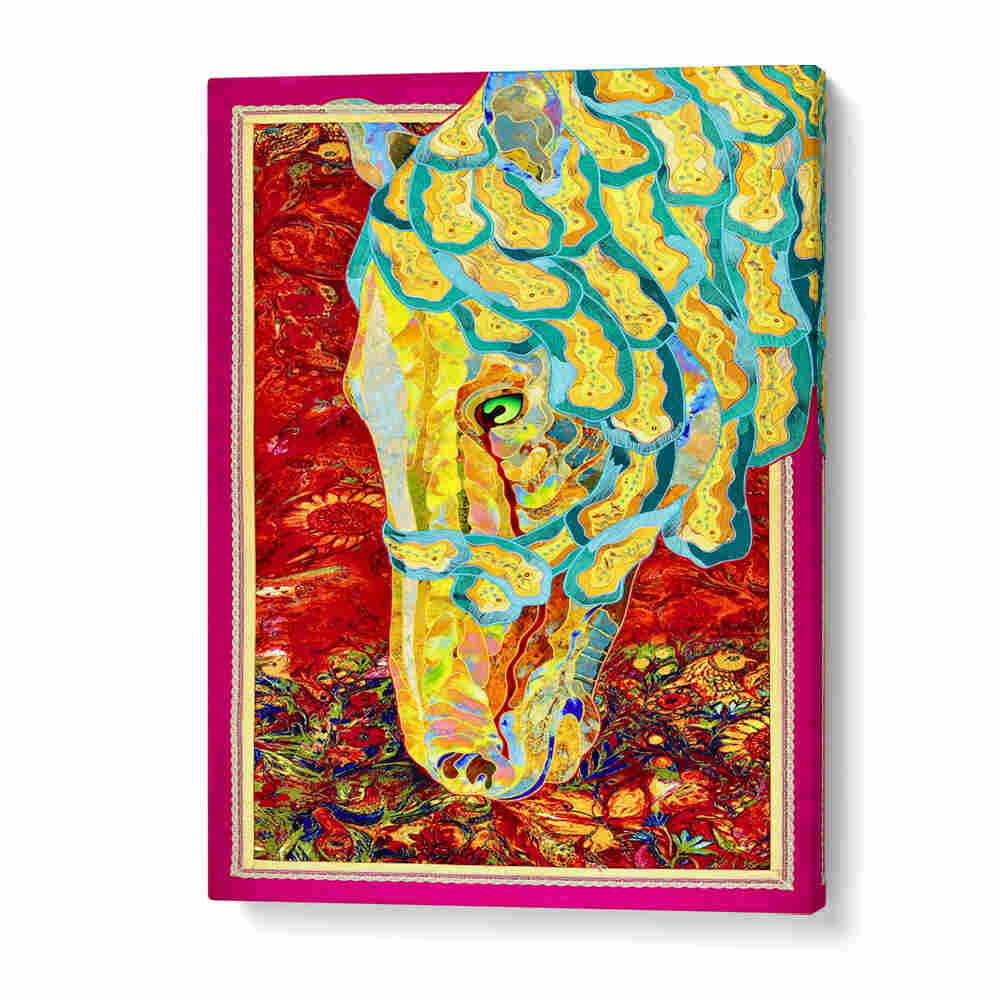 Vibrant FIRE & MANE animal painting featuring a horse's colorful head against a rich red background.