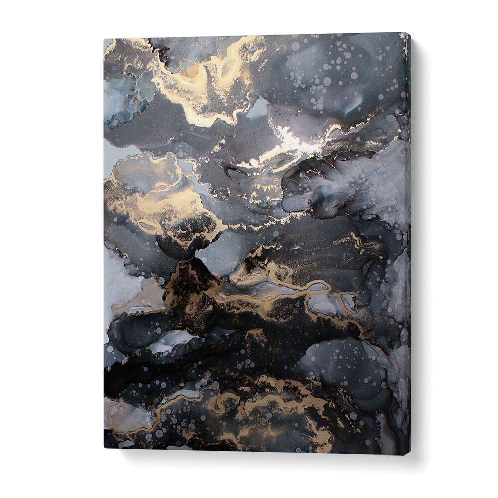 FIRESTORM, ABSTRACT PAINTINGS showcase swirling patterns in black, gold, and gray for a striking decor statement.