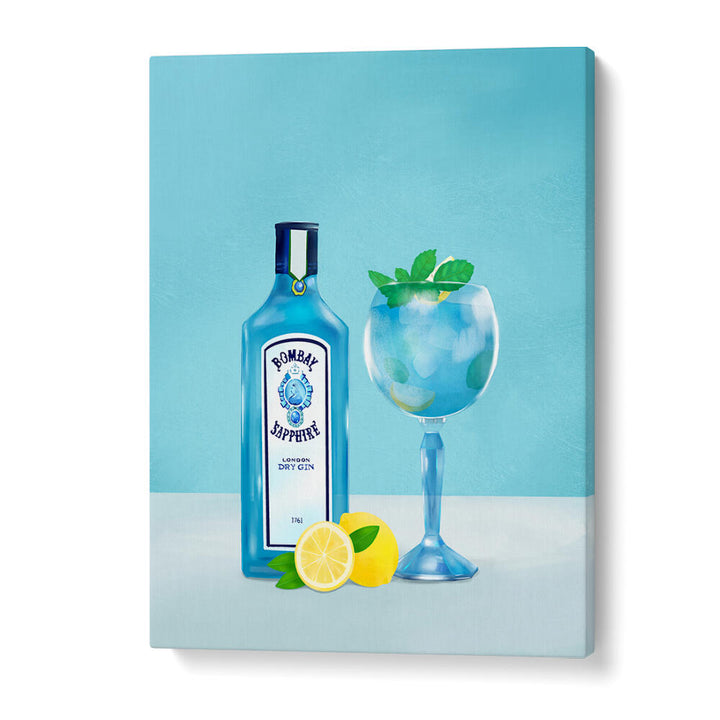 GIN COCKTAIL , BAR artwork with Bombay Sapphire gin bottle and blue cocktail with lemon.