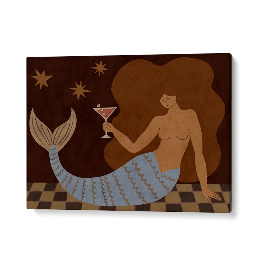 A square wall art print or canvas featuring a stylized mermaid with a blue patterned tail, tan skin, and large brown hair, holding a martini glass against a dark brown background with star shapes and a checkered floor.