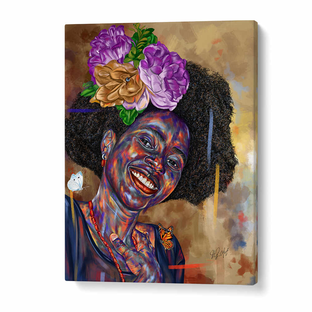 GOOD FEELINGS , PORTRAITS vibrant painted portrait of smiling woman with floral crown and butterflies