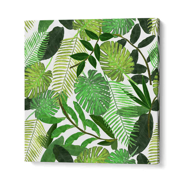 GREEN TROPICAL WATERCOLOR LEAVES , FLORAL FLOWER PAINTINGS canvas art featuring layered palm, monstera and fern leaves