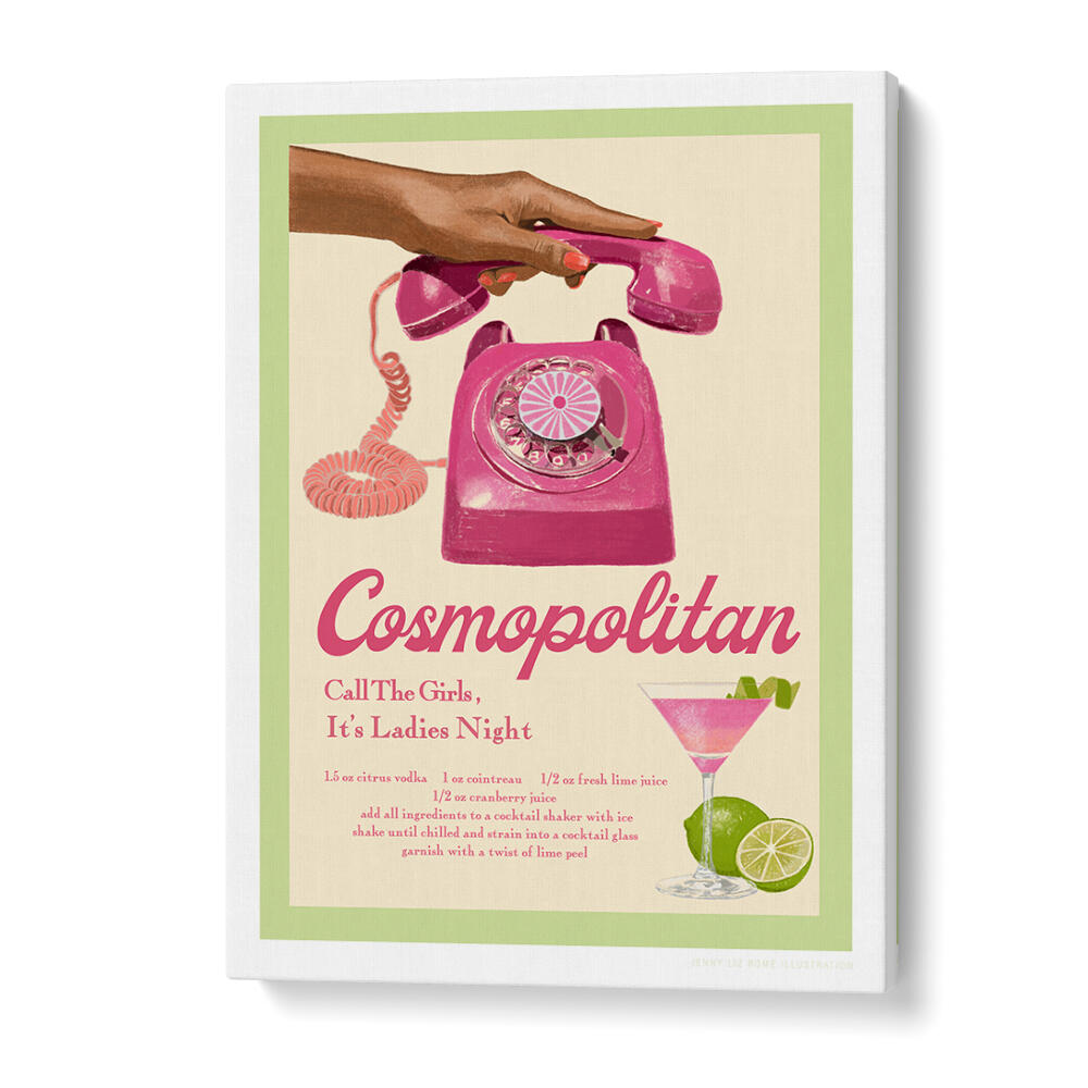 Vintage-inspired JLR COCKTAILS COSMOPOLITAN, FASHION POSTERS showcasing a chic pink rotary phone and cocktail.