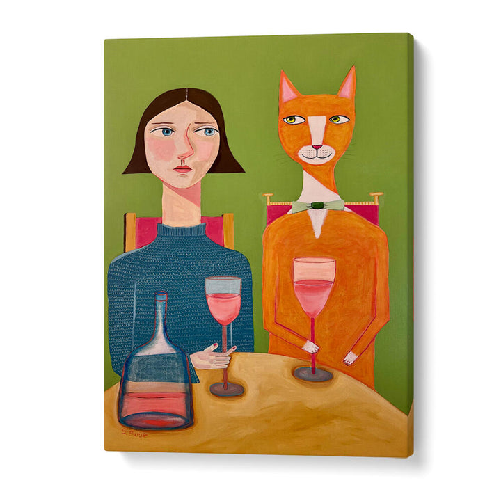LADY AND CAT DRINKING WINE  , PORTRAITS & FIGURATIVE ILLUSTRATIONS