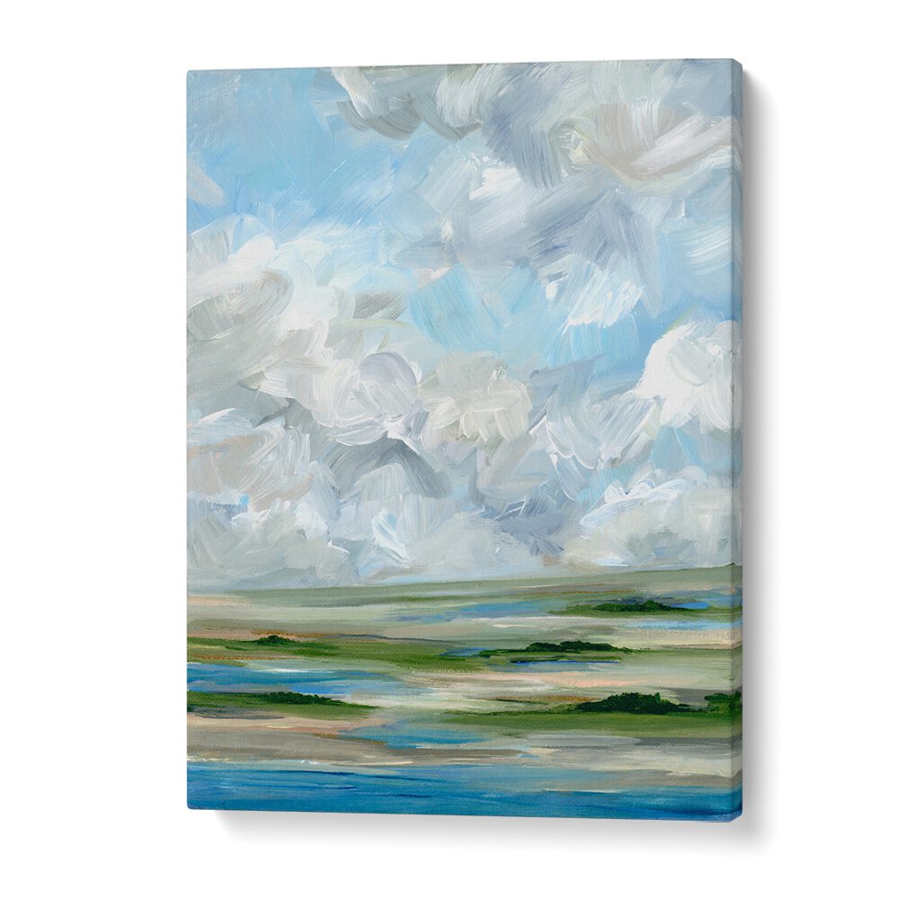 Lush green and blue hues capture the essence of MID DAY MARSH, LANDSCAPE PAINTINGS for a serene home ambiance.